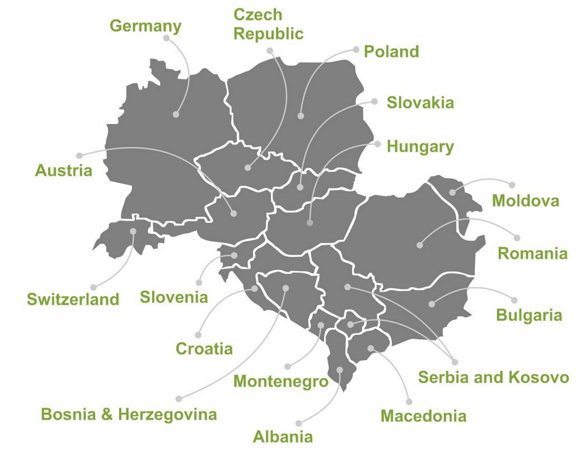 The grey map of the countries where CEE Assistance provides CEE Direct solution: Albania, Macedonia, Serbia and Kosovo, Bulgaria, Romania, Moldova, Hungary, Slovakia, Poland, Czech Republic, Germany, Austria, Switzerland, Slovenia, Croatia, Bosnia & Herzegovina, Montenegro.
