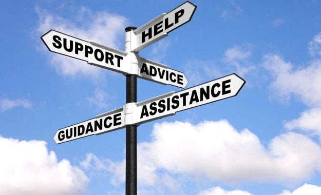 Pointer of directions and goals of CEE Assistance: guidance, help, support, advice, assistance. Blue sky background